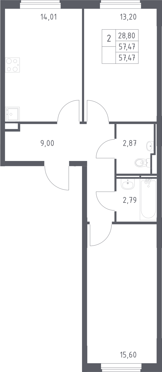 2-комн., 57.47 м², 6/8 этаж, ЖК «Мытищи Парк»