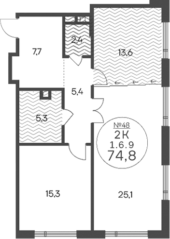 2-комн., 74.8 м², 6/14 этаж, ЖК «Клубный квартал КРЫЛАТСКАЯ 33»
