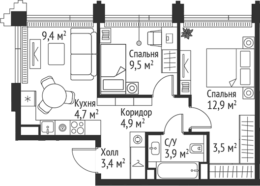 3-комн., 52.2 м², 36/45 этаж, ЖК «СЕТ»