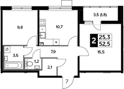2-комн., 51.8 м², 18/23 этаж, ЖК «Южная Битца»