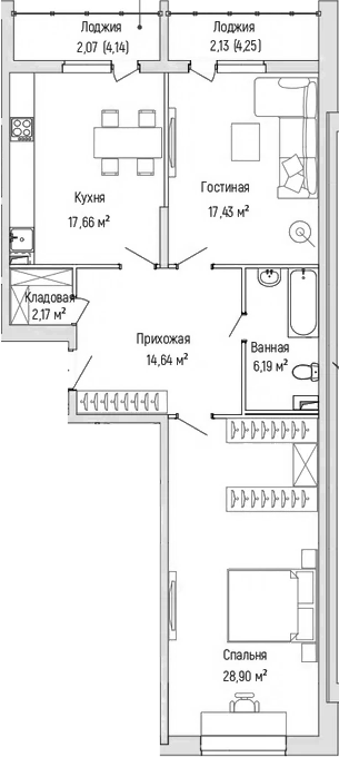 2-комн., 83 м², 1/9 этаж, ЖК «Рига Хиллс»