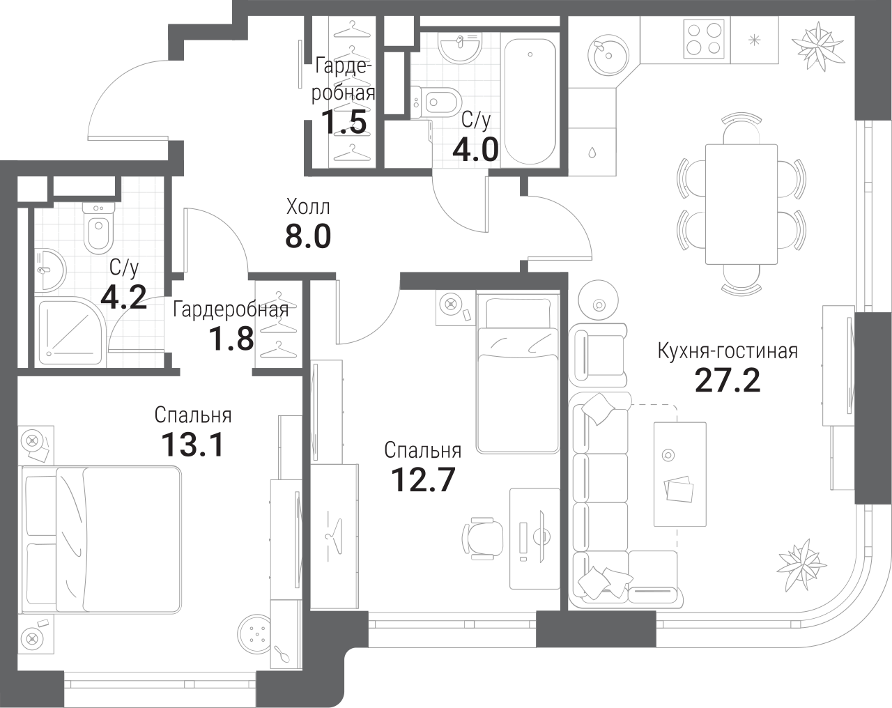 3-комн., 72.5 м², 18/35 этаж, ЖК «Нагатино Ай-Лэнд»