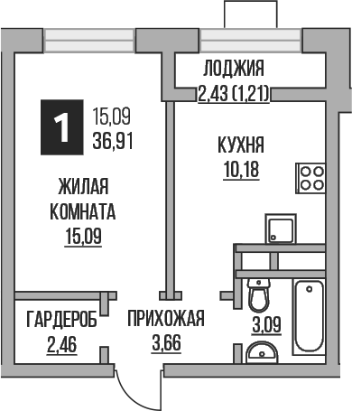 1-комн., 34.48 м², 7/15 этаж, ЖК «Гранель Пехра»