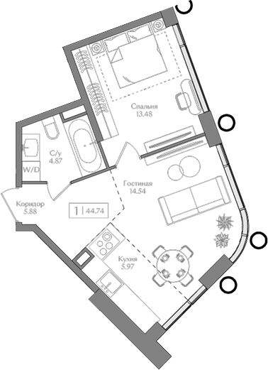 2-комн., 44.74 м², 9/16 этаж, ЖК «Преображенская площадь»