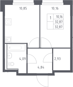 1-комн., 32.87 м², 16/17 этаж, ЖК «Прибрежный Парк»