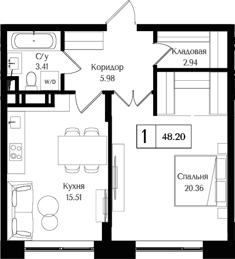 1-комн., 48.2 м², 17/17 этаж, ЖК «Преображенская площадь»