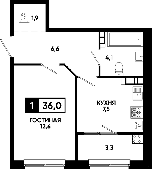 1-комн., 32.7 м², 11/12 этаж, ЖК «Кварталы 17/77»