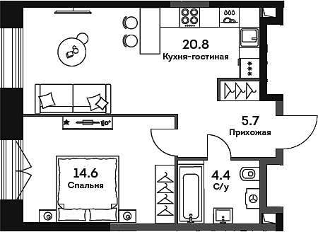 2-комн., 45.5 м², 5/32 этаж, ЖК «ЭРА»
