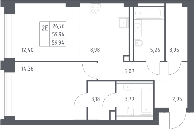 2-комн., 59.94 м², 2/40 этаж, ЖК «НОВА»