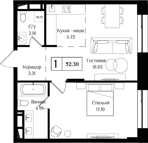 2-комн., 52.3 м², 17/17 этаж, ЖК «Преображенская площадь»