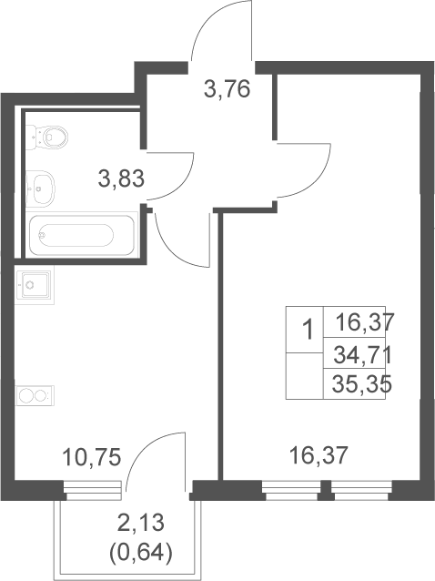 1-комн., 34.71 м², 5/14 этаж, ЖК «Остафьево»