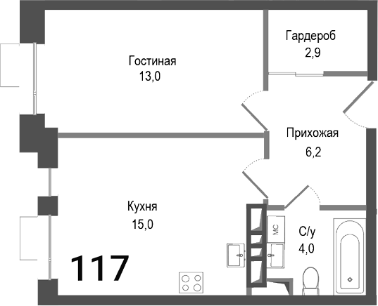 1-комн., 41.1 м², 1/8 этаж, ЖК «Киноквартал»