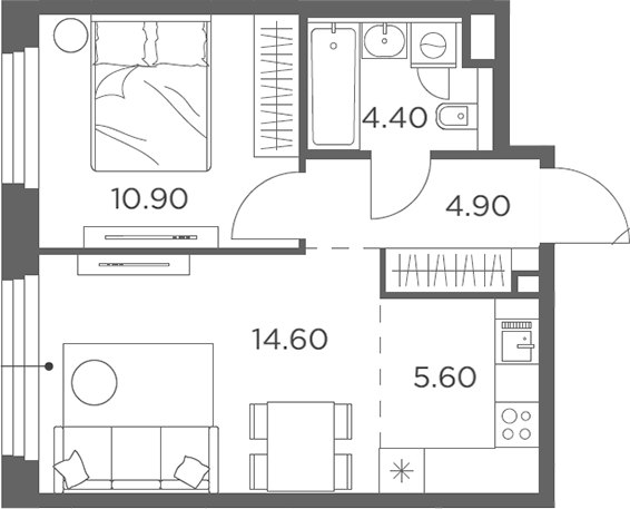 2-комн., 40.4 м², 16/20 этаж, ЖК «Белый Град»