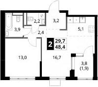2-комн., 46.5 м², 7/18 этаж, ЖК «1-й Ясеневский»