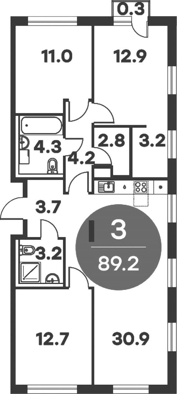 3-комн., 88.9 м², 5/6 этаж, ЖК «Равновесие»