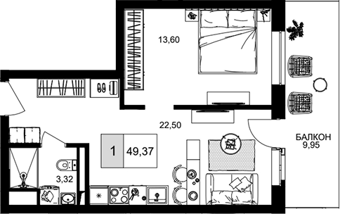 2-комн., 39.42 м², 3/8 этаж, ЖК «IT гостиничный комплекс Корсаков»