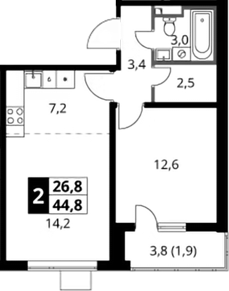 2-комн., 42.9 м², 5/24 этаж, ЖК «1-й Донской»
