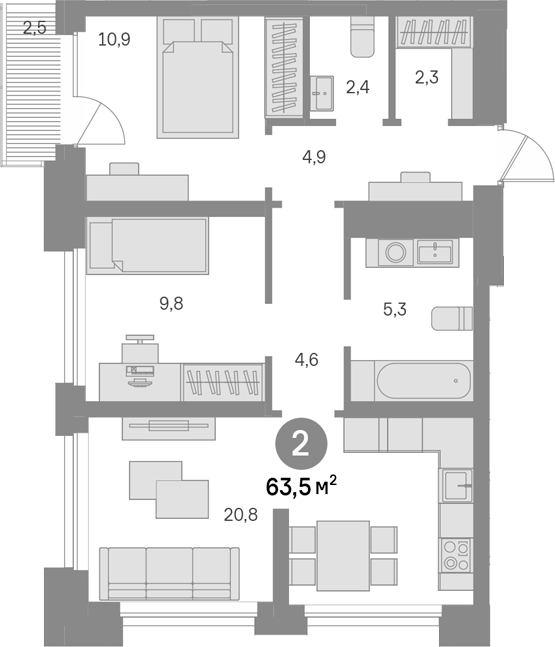 2-комн., 61 м², 21/29 этаж, ЖК «Квартал Издание»
