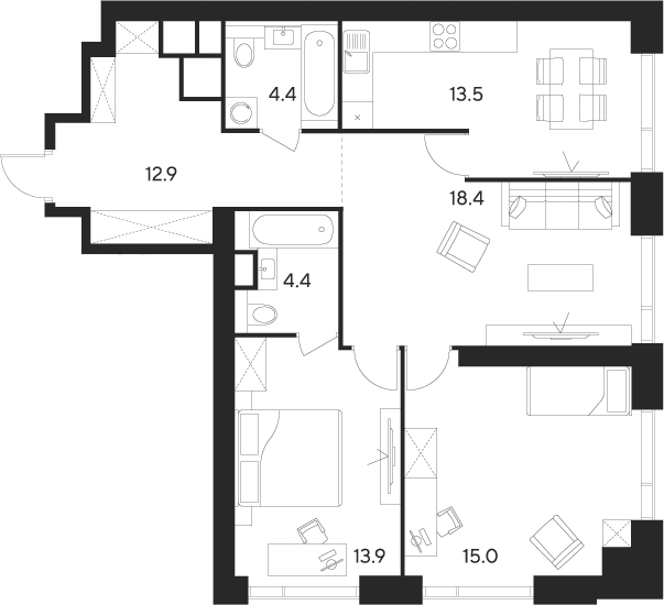3-комн., 82.5 м², 35/55 этаж, ЖК «Инди Тауэрз от Аквилон»