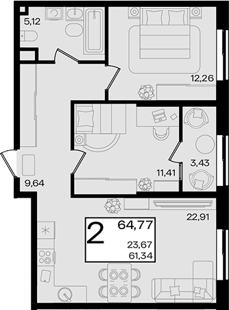 2-комн. квартира, 61.34 м² в ЖК Патрики — фото 2