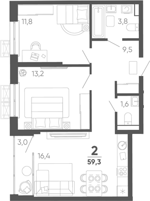 2-комн. квартира, 56.3 м² в ЖК Барса — фото 2