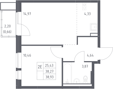 2-комн., 38.27 м², 4/13 этаж, ЖК «Квартал Авиаторов»