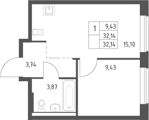 2-комн., 32.14 м², 2/9 этаж, ЖК «Большое Юрлово»