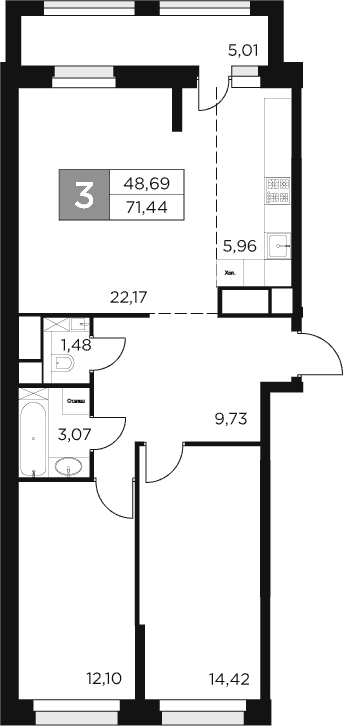 3-комн., 68.93 м², 1/15 этаж, ЖК «Восток 2»