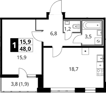 1-комн., 46.1 м², 12/23 этаж, ЖК «Южная Битца»