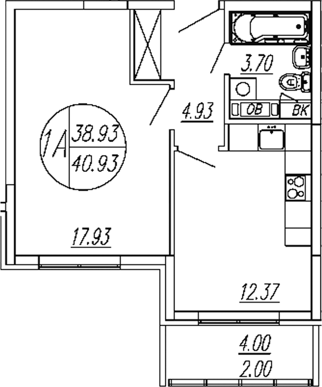 1-комн., 38.93 м², 4/4 этаж, ЖК «Шолохово»