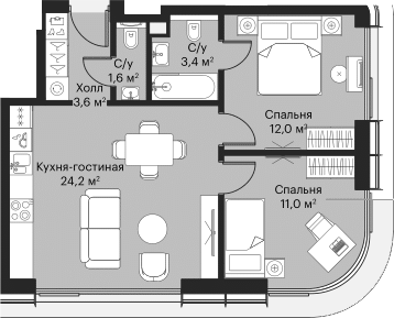 3-комн., 54.61 м², 29/53 этаж, ЖК «Сити Бэй»