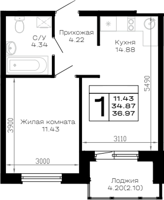 1-комн. квартира, 34.87 м² в ЖК Усадьба Гостагаевская — фото 2