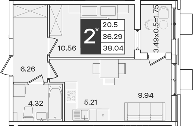 Продается 2-комн. квартира, 36.29 м²
