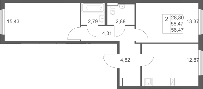 2-комн., 56.47 м², 7/11 этаж, ЖК «Горки Парк»