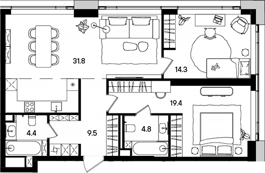 3-комн., 85.2 м², 22/45 этаж, ЖК «СТОУН Грэйн»