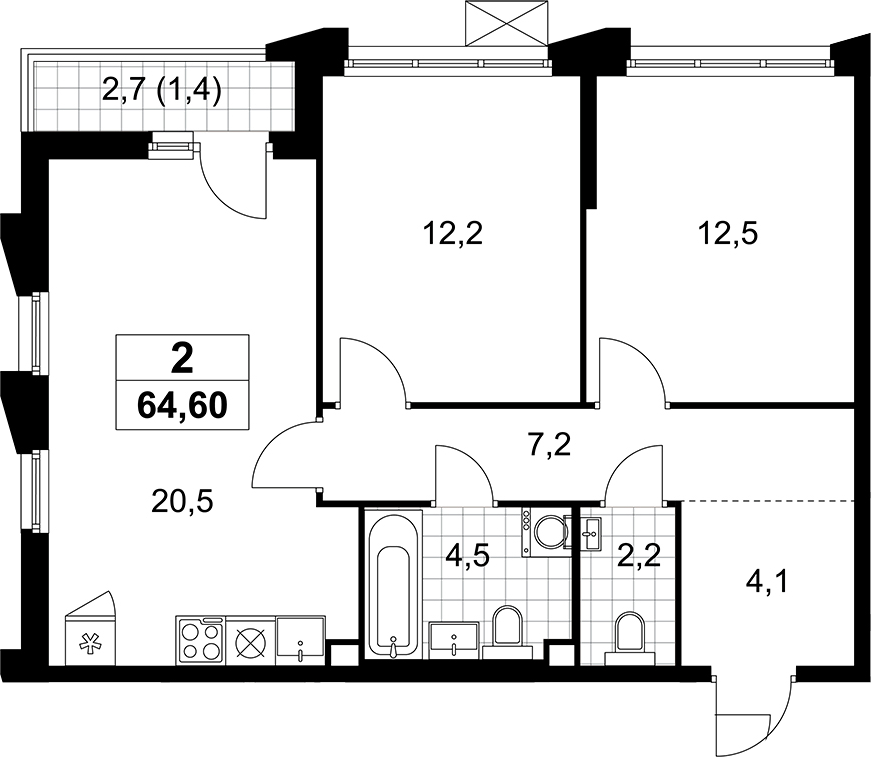 3-комн., 63.2 м², 2/13 этаж, ЖК «Деснаречье»