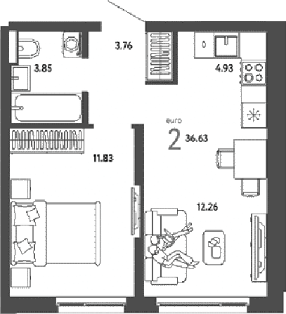 2-комн., 36.63 м², 16/16 этаж, ЖК «Страна.Парковая»