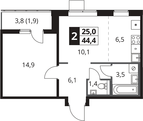 2-комн., 42.5 м², 23/25 этаж, ЖК «1-й Южный»