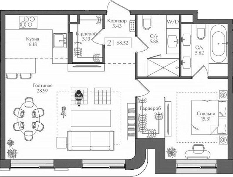 2-комн., 68.52 м², 12/15 этаж, ЖК «Преображенская площадь»