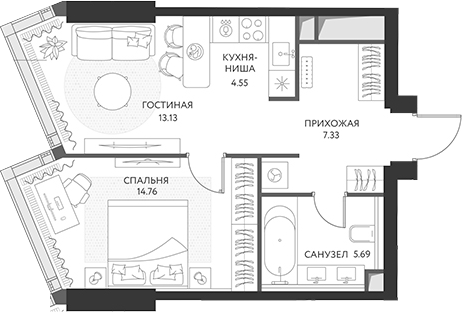 2-комн., 45.46 м², 8/49 этаж, ЖК «ХАЙДАУТ»