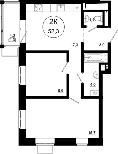 2-комн., 51 м², 21/21 этаж, ЖК «Союзный»