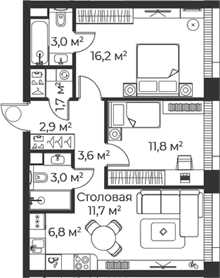 3-комн., 60.6 м², 9/38 этаж, ЖК «Веер»