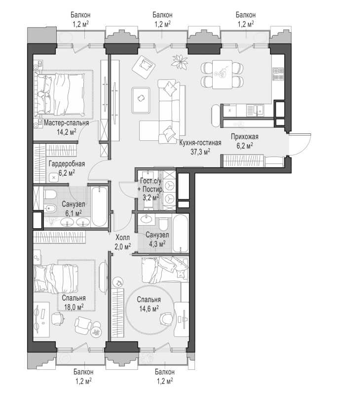 4+ комнаты, 112.3 м², 7/11 этаж, ЖК «Квартал Тишинский бульвар»