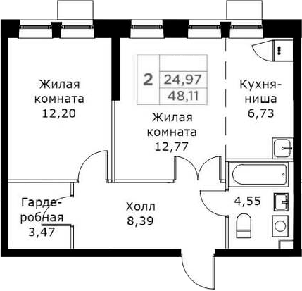 2-комн., 48.11 м², 24/25 этаж, ЖК «КИТ»