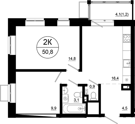 2-комн., 49.6 м², 9/21 этаж, ЖК «Союзный»