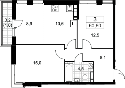 3-комн., 59.6 м², 10/10 этаж, ЖК «Родные кварталы»