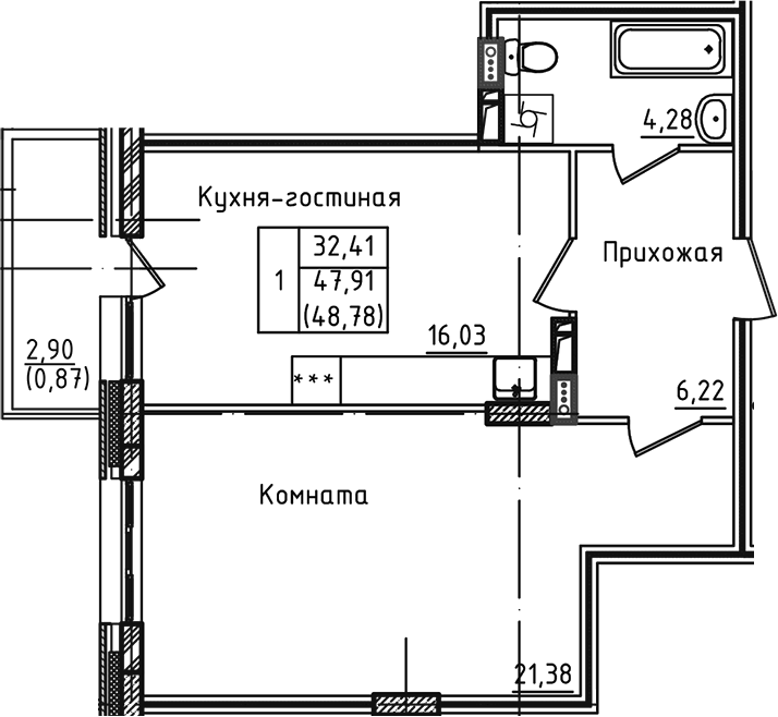 2-комн., 47.91 м², 4/5 этаж, ЖК «Зеленый город»