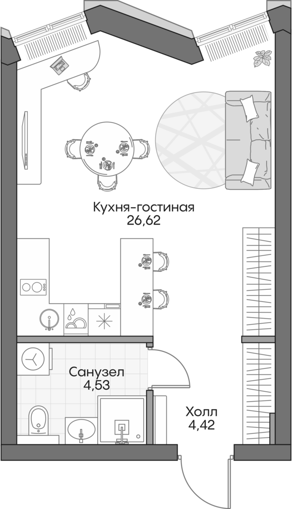 Студия, 34.37 м², 9/10 этаж, ЖК «Инсайдер»