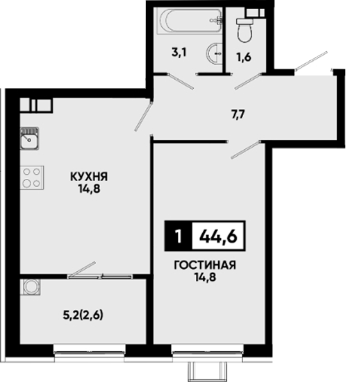 1-комн., 42 м², 4/14 этаж, ЖК «Квартал на курорте Моя Легенда»