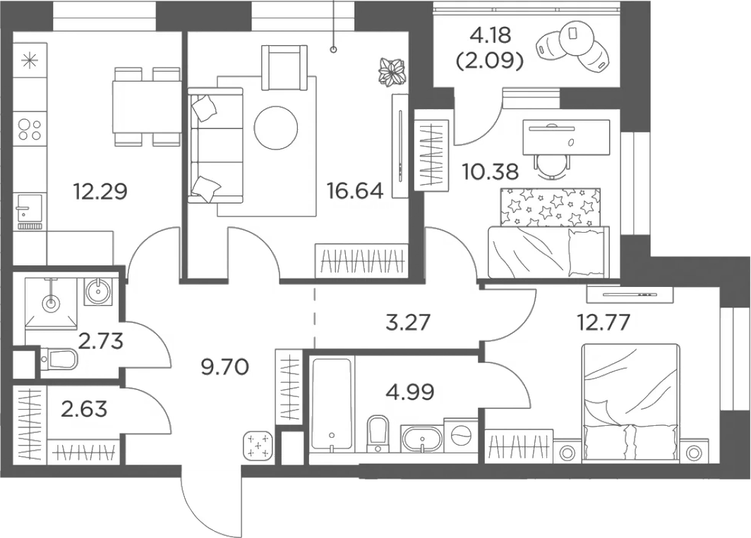 3-комн., 75.4 м², 2/23 этаж, ЖК «Одинград, квартал Семейный»